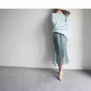 v neck light blue sweater & mermaid gloss skirt set